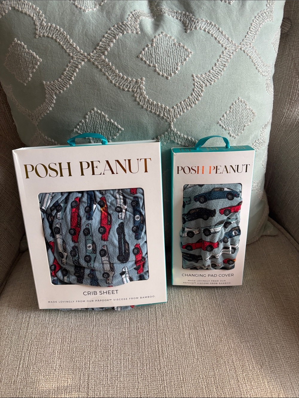 Posh Peanut Light Blue Crib Sheet & Changing Pad Cover with Red & Navy Cars